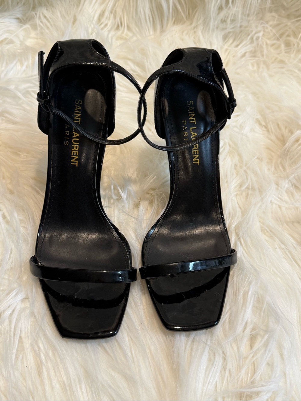 Saint Laurent Black Patent Leather Sandal Heels with Gold Sculptural Heel - Picture 11 of 15